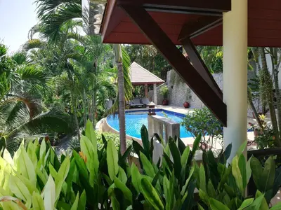 a swimming pool in a yard with trees and plants at Baiyok Villa seaview and edge pool in Patong Beach