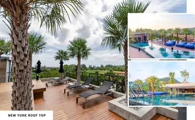a collage of photos of a resort with a palm tree at Tropics Kamala Pool View Residence CTG B704 in Kamala Beach