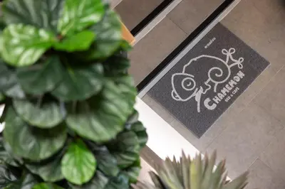 a close up of a plant next to a sign at Chamemon Bed Phuket Town in Phuket Town