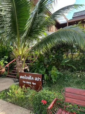 a sign for a hotel with a palm tree and a bench at Peaceful Retreat Villa by Nai Thon beach in Phuket Town