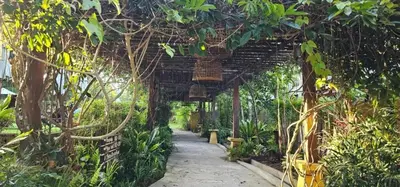 a walkway through a garden with trees and vines at Baan Panwa Resort in Panwa Beach