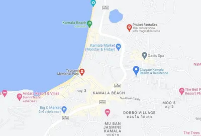 a map of kalamaja beach with locations at Luxury private apartment Citygate by Lofty in Kamala Beach