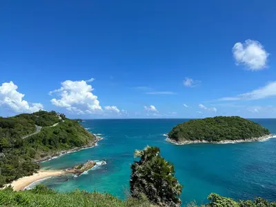 an aerial view of two islands in the ocean at Title V Pool View 3fl Gym Hammam Rawai in Rawai Beach