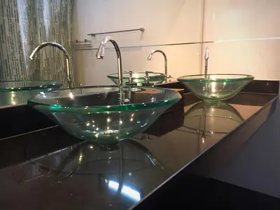 a bathroom with three green glass bowls on a counter at Exquisite 3BR Private Pool Villa: Prime Location in Kamala Beach