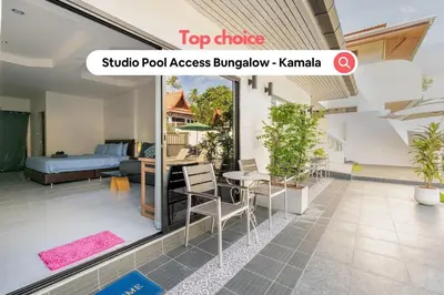 a duplex apartment with a view of the living room at Kamala - Holiday Home - Studio Pool Access Bungalow in Kamala Beach