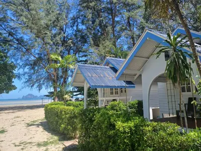 a house with a blue roof on the beach at PAN Beachfront Resort Krabi in Klong Muang Beach