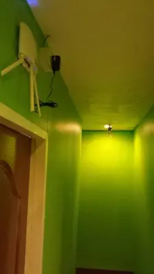 a green room with a green wall and a light at Lucky Guest House in Phi Phi Don