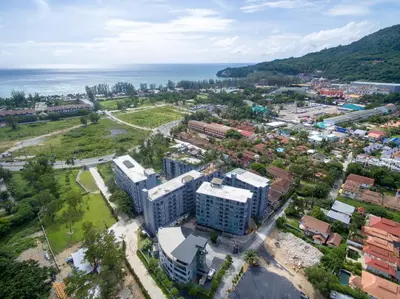 an aerial view of a city with buildings and the ocean at Kamala Beach D723 Exclusive 2 bedroom Suite in Kamala Beach