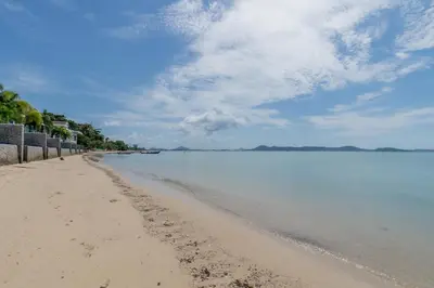 a view of a beach with trees and the water at Poppy Beachfront Residence in Rawai Beach