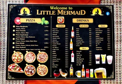 a menu for a restaurant with pizza and drinks at Little Mermaid Guesthouse & Restaurant in Kata Beach