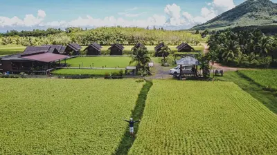 a person standing in a field in front of a resort at NammNatawn2 in Ko Yao Noi