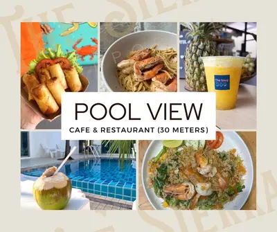 a collage of pictures of food and a pool view at Sierra Hostel in Nai Yang Beach