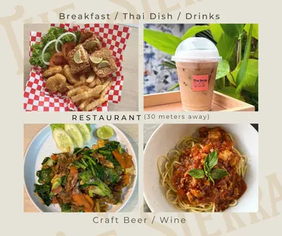 a collage of four pictures of food and a drink at Sierra Hostel in Nai Yang Beach