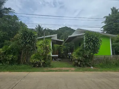 a house with a green wall next to a street at Sukanyawoodhouse in Ban Tha Rua