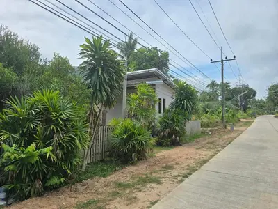 a small house with palm trees next to a road at Sukanyawoodhouse in Ban Tha Rua
