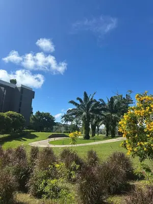 a park with palm trees and grass and flowers at Modern 2-bedroom Apartments with washer in Skypark Laguna Bang Tao in Phuket Town