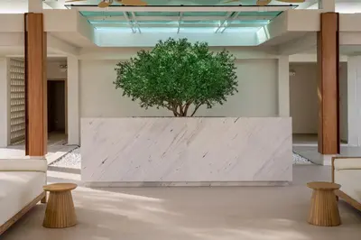 a tree in the middle of a room with two stools at Niranapa Boutique Resort in Kata Beach