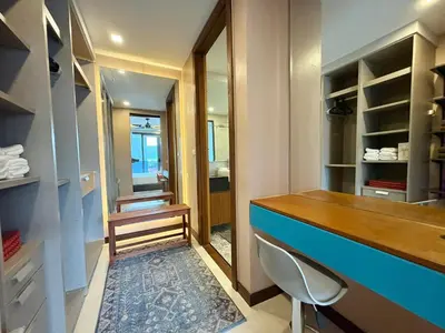 a bathroom with a blue counter and a mirror at Large Luxurious 1-bedroom condos in Rawai in Rawai Beach