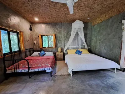 two beds in a room with green walls at Big hug home-Forest House in Ban Takhrai