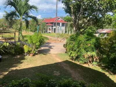 a yard with a house and trees and a driveway at Baan Ja Da in Ban Nai Khlong