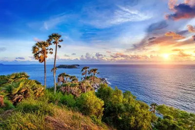a sunset over the ocean with palm trees at 2BR Pool Villa&Garden - Bali style by La Perla Phuket Rawai in Ban Saiyuan (1)