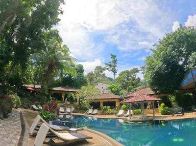a pool at a resort with lounge chairs and trees at beautiful pool house in Patong Beach