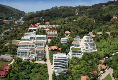 an aerial view of a resort on a hill at Boho chic sea view apartment in Kata in Kata Beach