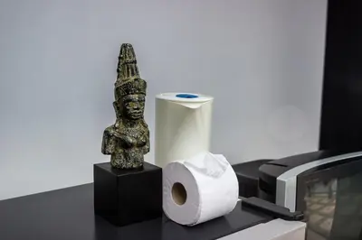 a statue next to a roll of toilet paper next to a printer at Two Chefs Inn in Kata Beach