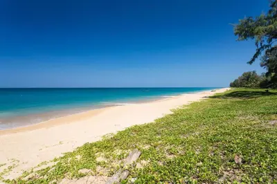 a beach with green grass and the ocean at Kim Lung Airport Hotel in Phuket