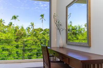 a desk in a room with a window and a mirror at Beautiful Pool Villa near Rawai Beach in Rawai Beach