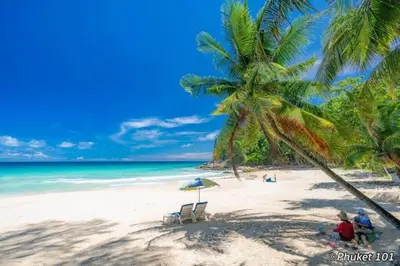 a beach with two chairs and an umbrella and palm trees at Aristo Resort Surin Beach M06 in Phuket Town