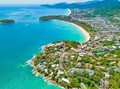 an aerial view of a small island in the ocean at Kata Hillside Hideaway in Kata Beach