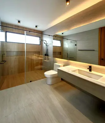 a bathroom with a toilet and a shower and a sink at Bangtao Luxury Pool Villa - Prymana in Phuket Town