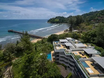 an aerial view of a beach with a resort at Pool view studio at Nakalay Palm by Lofty in Kamala Beach