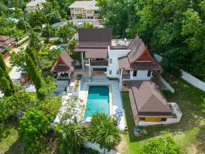 an aerial view of a house with a swimming pool at Villa Aurora 4-bedroom Pool Villa in Kamala, Phuket in Kamala Beach