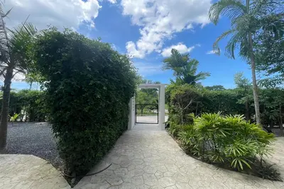 a doorway into a garden with a large bush at Alisse Stay Phuket Layan in Phuket Town