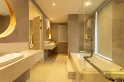 a bathroom with a sink and a shower at Brand new, designer furnishing, hot tub, gym, pool V98 in Rawai Beach