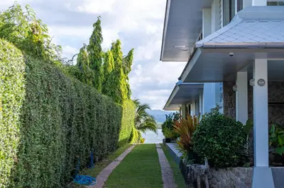 a walkway next to a house with a hedge at Mai Khao Beach Luxury 7-bedroom villa 0 meters from the sea double infinity pool maid, outdoor wedding sea fishing in Mai Khao Beach