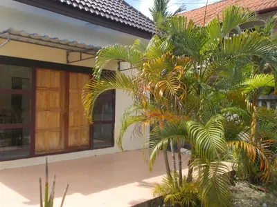 a house with a palm tree in front of it at Absolute calm for long sleepers and others in Kamala Beach
