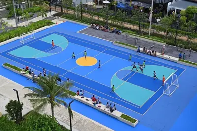 an overhead rendering of a basketball court at Easy Hostel in Phi Phi Don