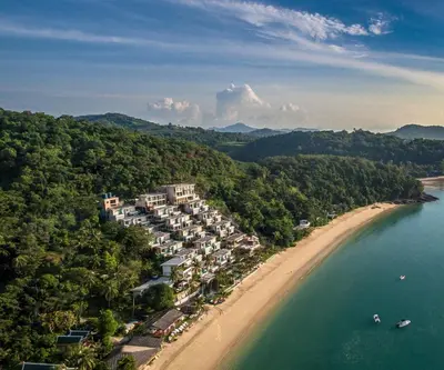 an aerial view of a resort on a beach at Bandara Pool Villas, Phuket in Panwa Beach