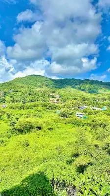 a green hill with a house on top of it at Уютные апартаменты NBC Nai Harn in Rawai Beach
