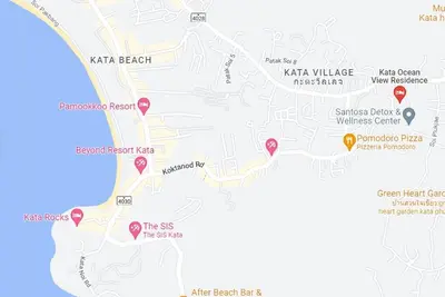 a map of kake beach with markers at Sea view Kata apartment near Santosa SPA D5 in Kata Beach