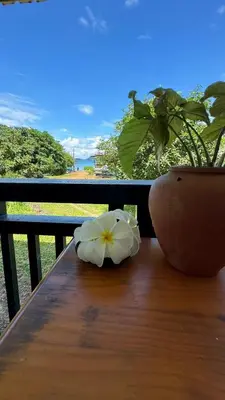 a flower on a wooden table with a plant at Picha house Kohyaonoi in Ban Laem Sai