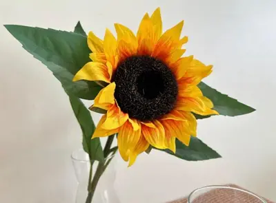 a yellow sunflower sitting in a glass vase at มัณดาวีต์ คอนโดa in Ban Khlong Son