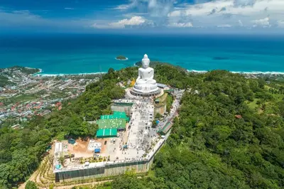 an aerial view of a large white statue on top of a mountain at Garden View Apartment 1BR - NV-103 in Chalong