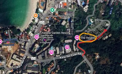 a map of the approximate location of the bristol guitar resort at Panoramic Sea View Luxury Apartment - Leelawadee21 in Kata Beach