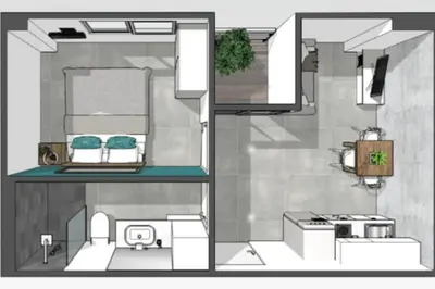 two views of a room with a kitchen and a diagram at Contemporary 1BR Condo - NV-724 in Phuket Town