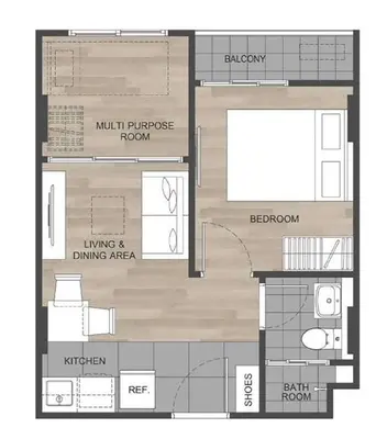 a floor plan of a small house with at Dcondo Reef Modern Condos 1&2 Bedrooms in Kathu