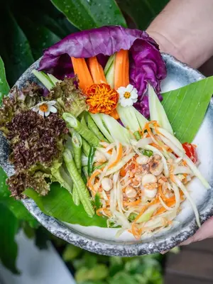 a person holding a bowl of salad with vegetables at Chalong Marina Bay View Phuket in Rawai Beach